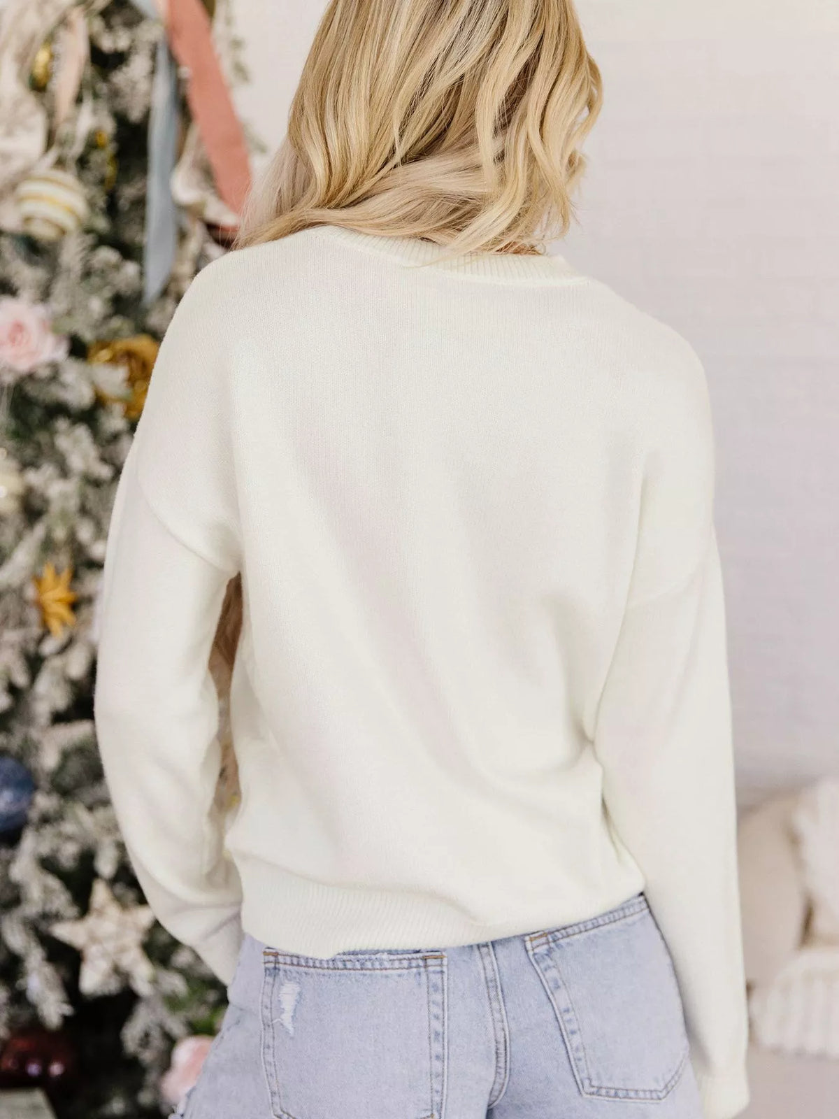 Christmas Tree Bow Drop Shoulder Knit Sweater