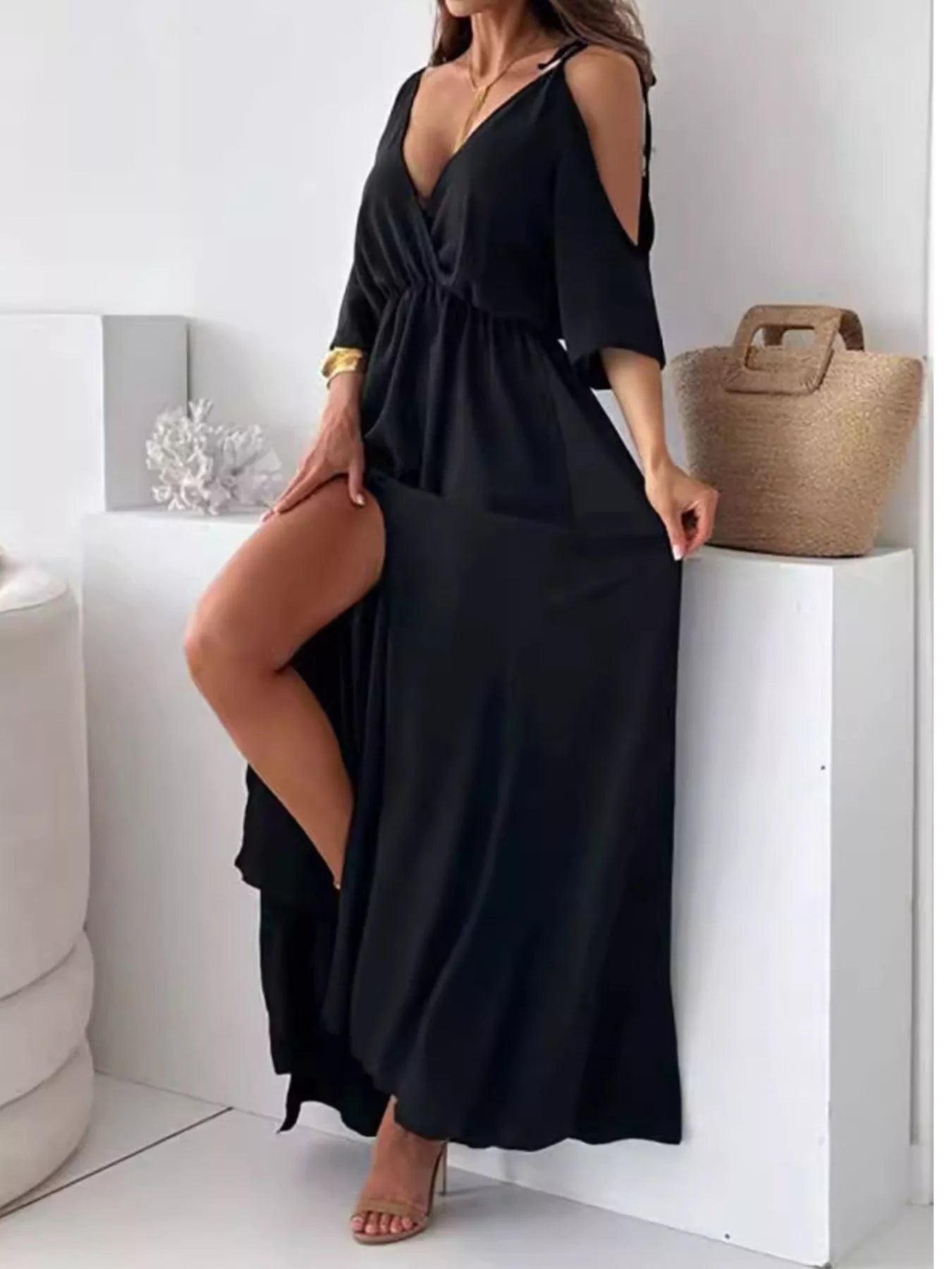 Slit Cold Shoulder Maxi Dress