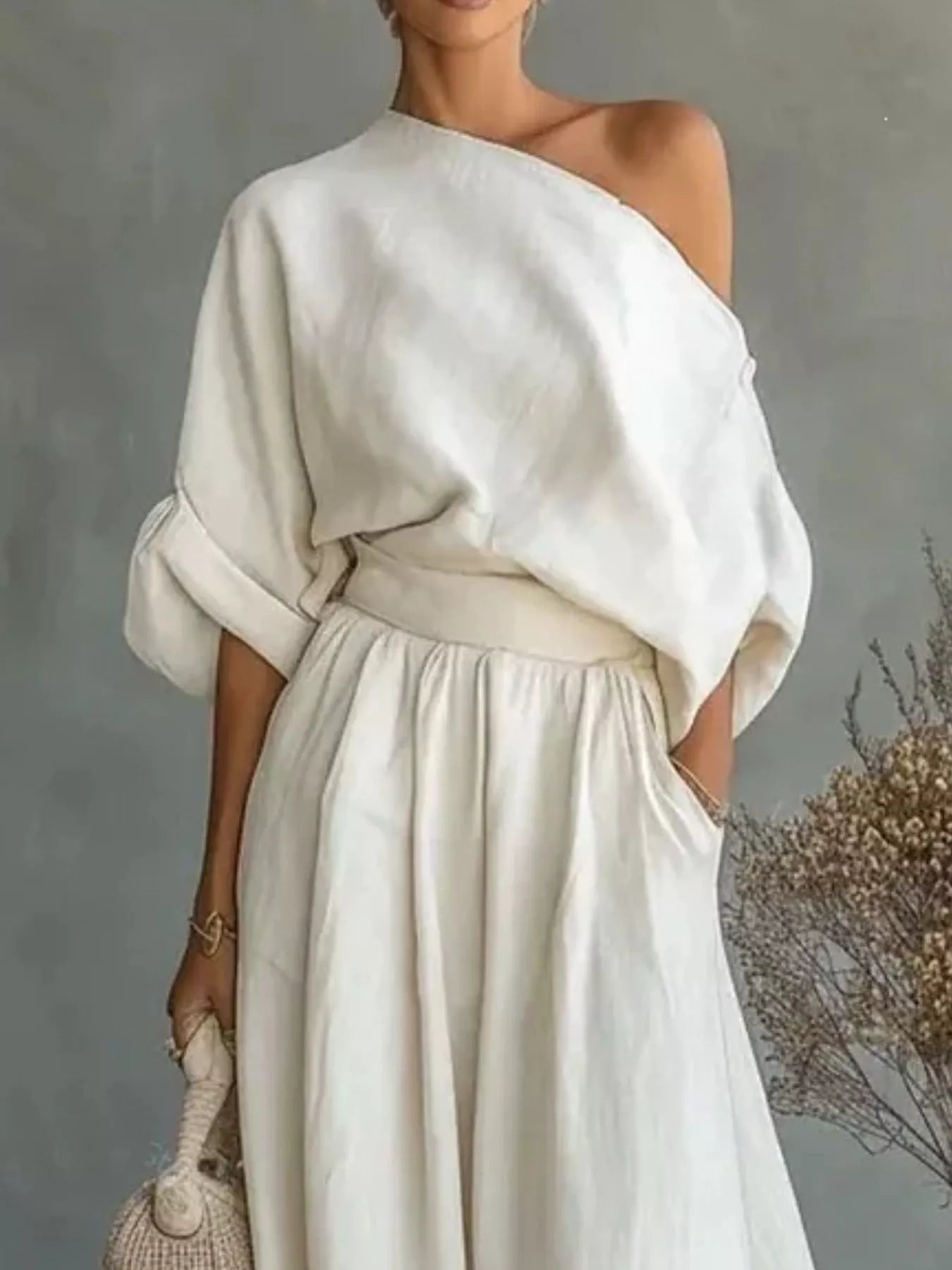 Full Size One Shoulder Top and Wide Leg Pants Set Plus Size