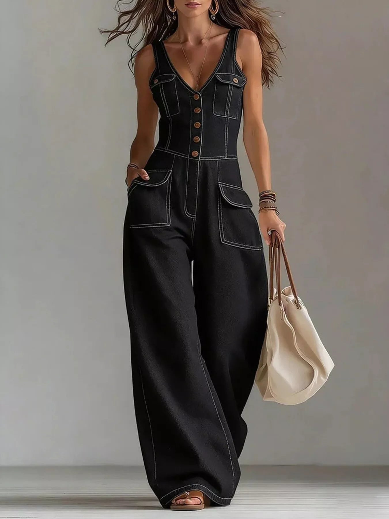 Full Size Button-Front Denim Wide-Leg Jumpsuit with Utility Pockets Plus Size
