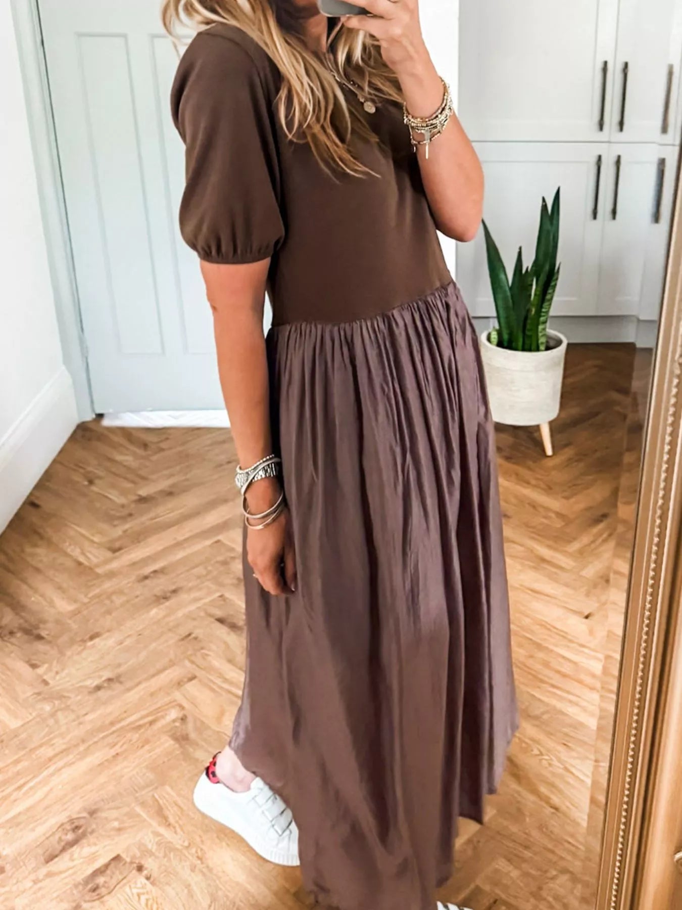 Short Sleeve Knit Top Patchwork Pleated Dress