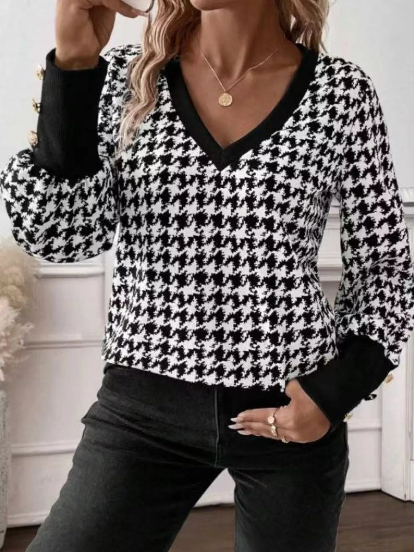 Printed V-Neck Long Sleeve T-Shirt with Button Cuffs