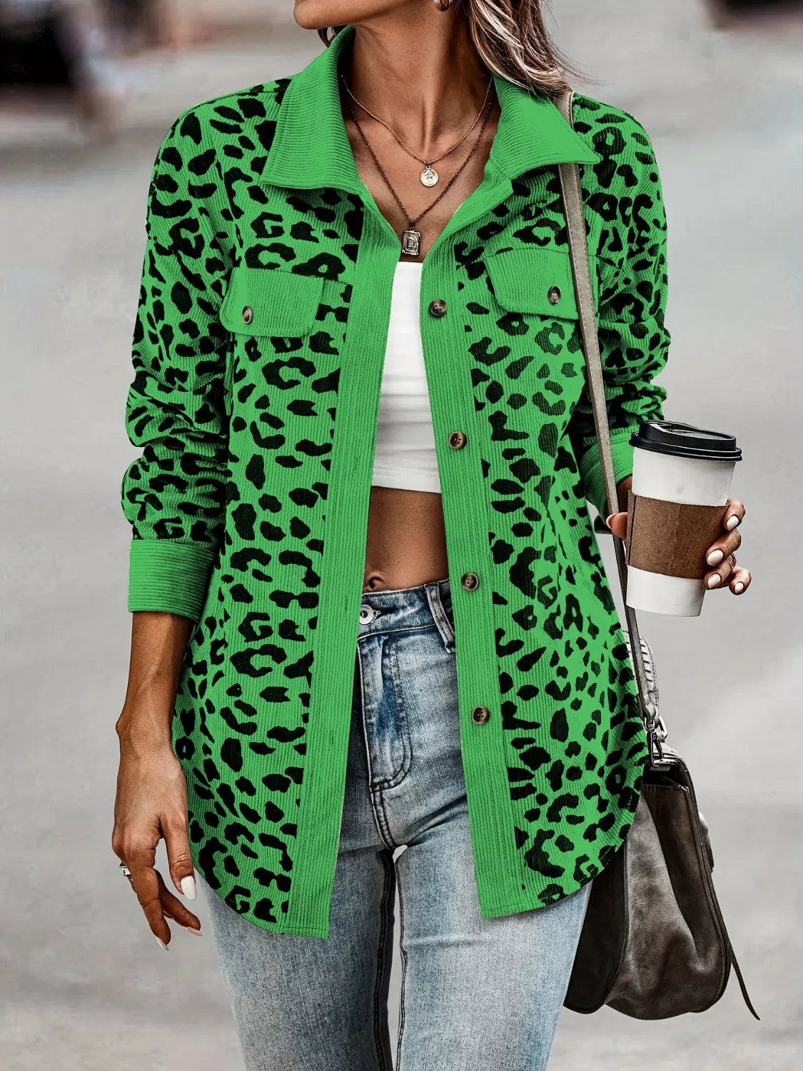 Full Size Leopard Print Button-Down Jacket Plus Size