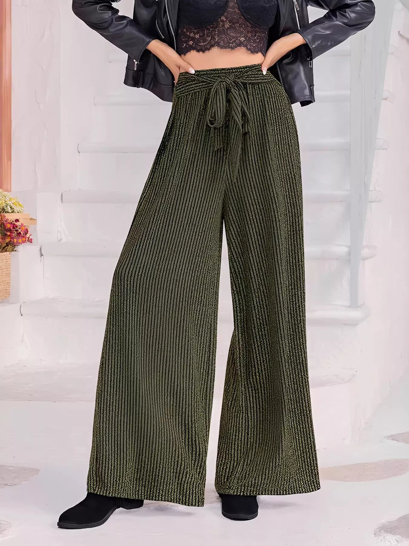 Striped High Waist Tie Wide Leg Pants