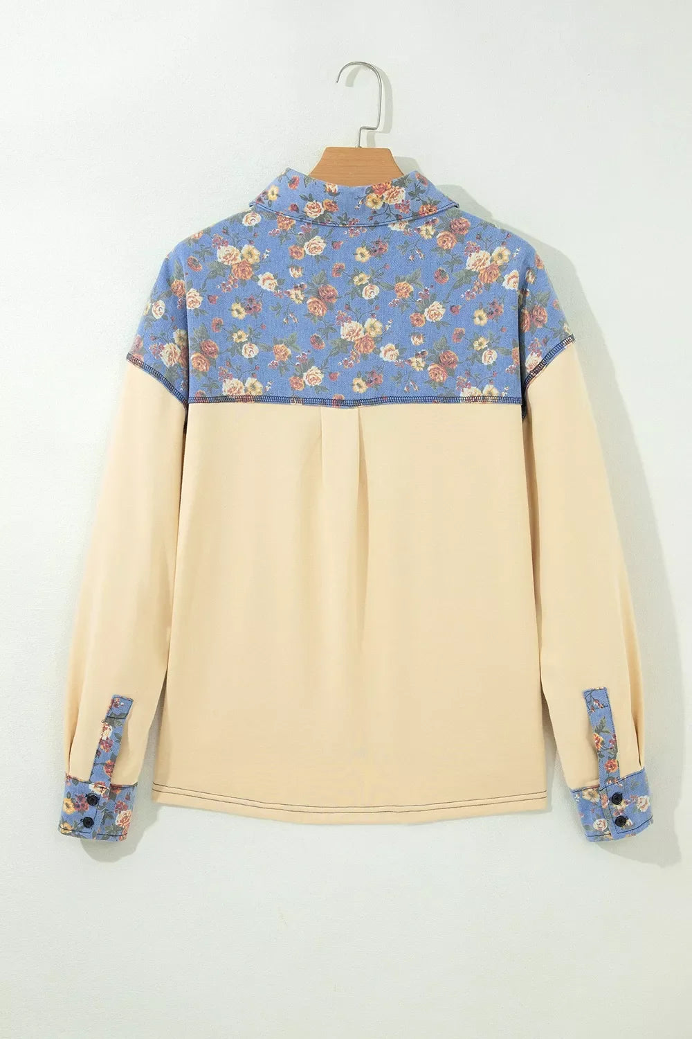 Floral Denim Patchwork Collar V Neck Long Sleeve Pullover Top