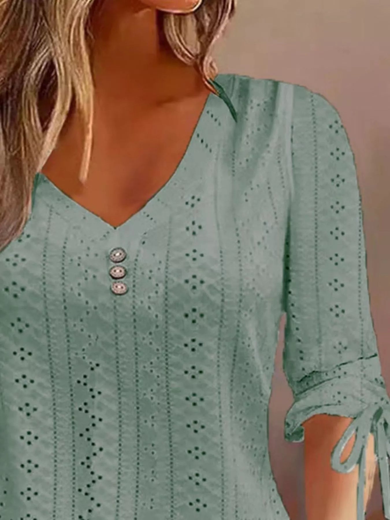 Full Size V-Neck Eyelet Drawstring Sleeve Top Plus Size