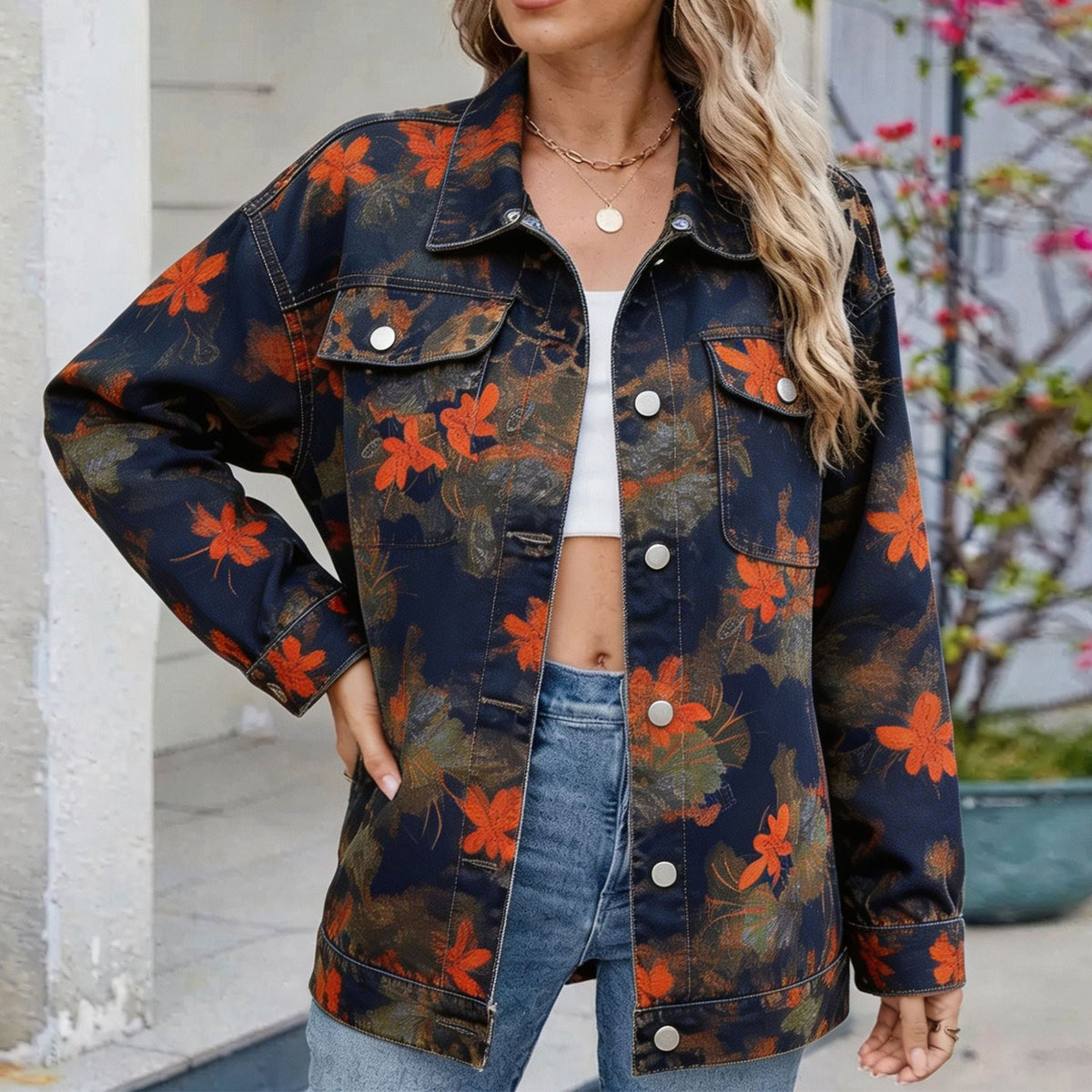 Women's Botanical Print Drop-Shoulder Denim Jacket