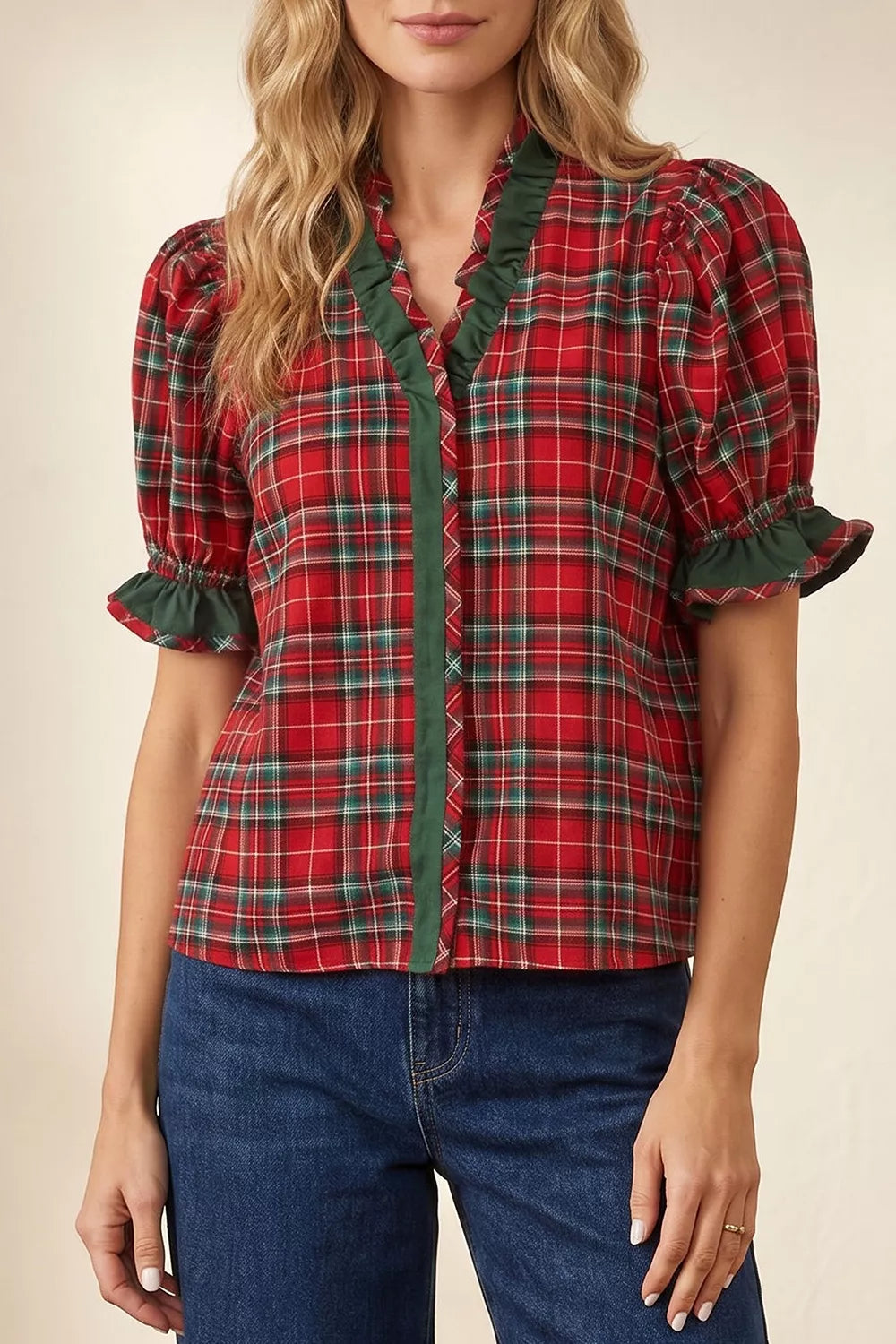 Plaid V Neck Ruffle Color Block Trim Short Sleeve Shirt