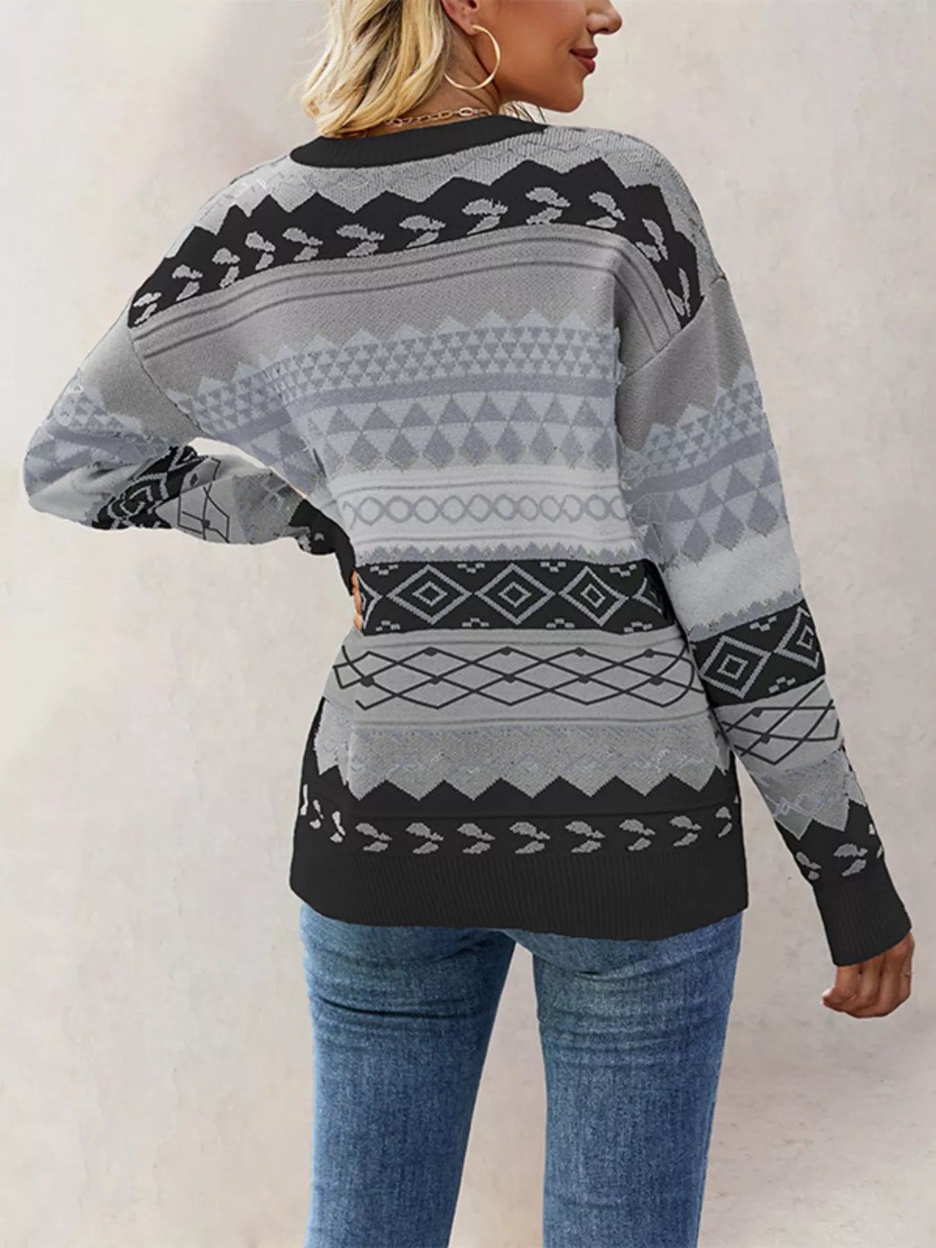 Geometric Pattern Dropped Shoulder Sweater