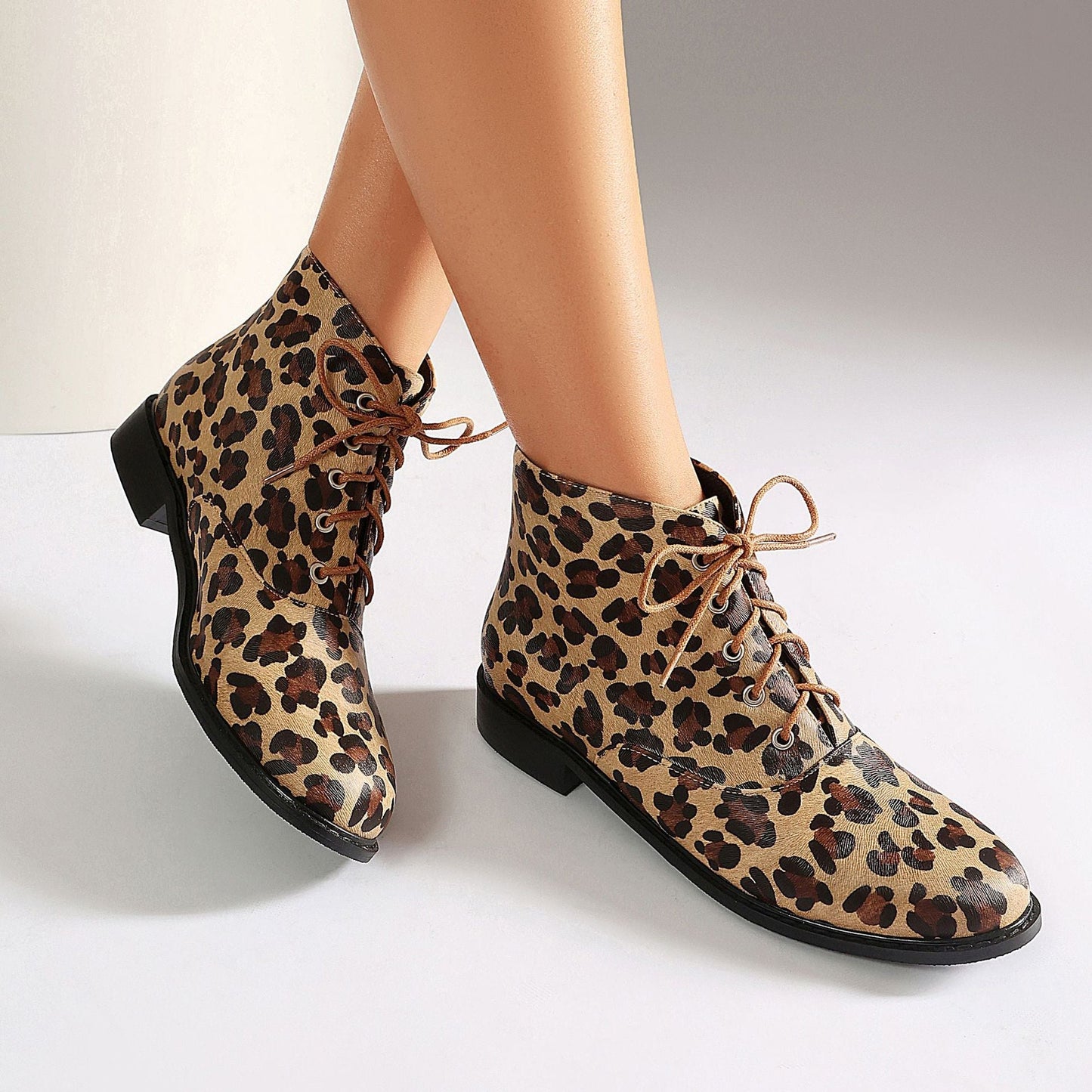 Women's Leopard Print Lace-Up Martin Ankle Boots | Low Heel