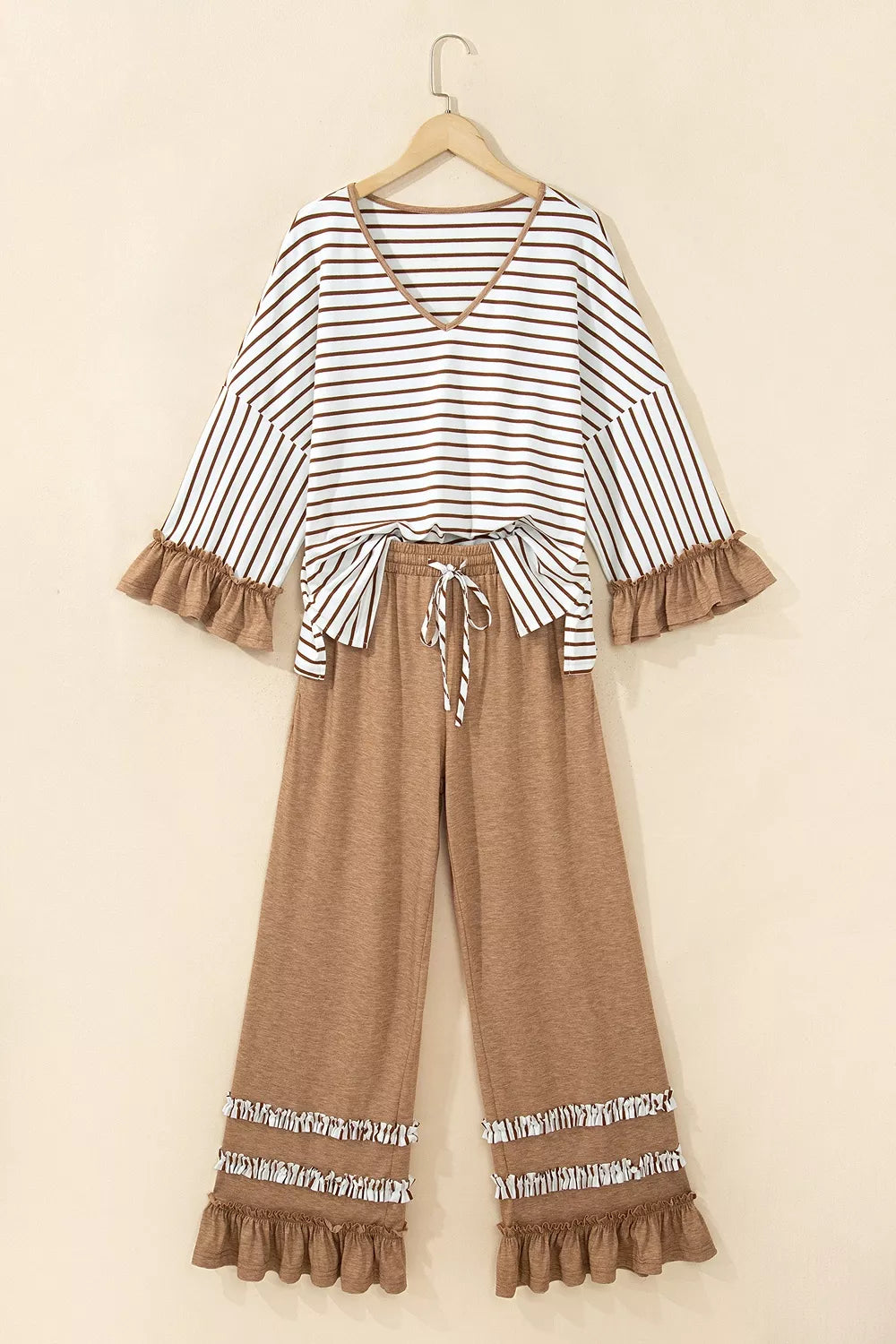 Stripe V Neck Ruffle Contrast Sleeve Top Drawstring Pants 2pcs Set