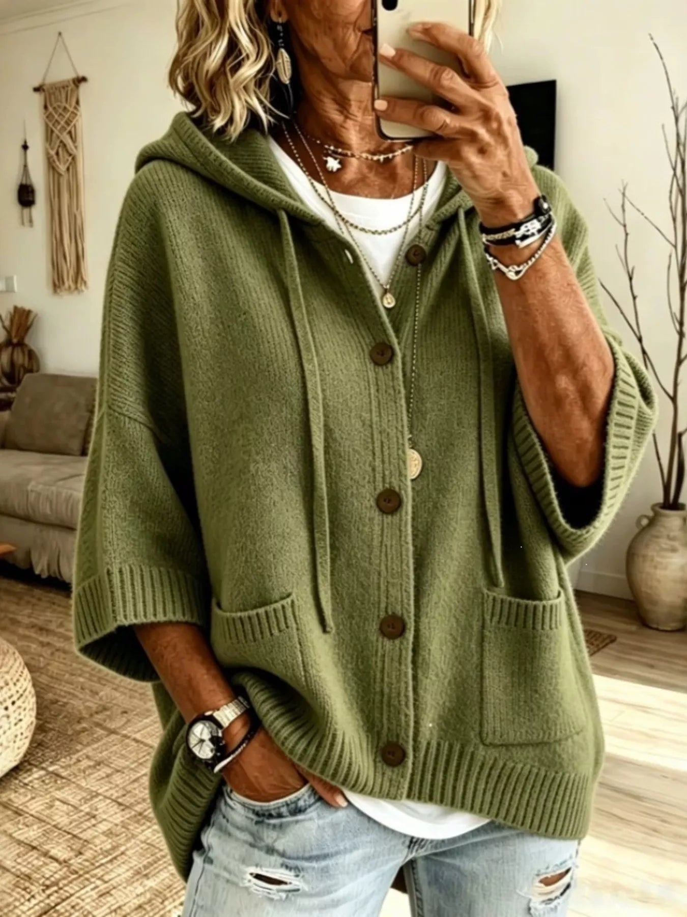 Hooded Button-Down Knit Cardigan