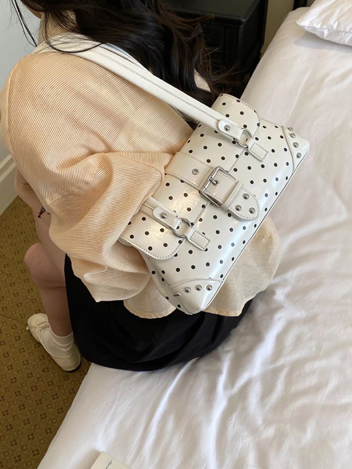Polka Dot Studded Shoulder Bag
