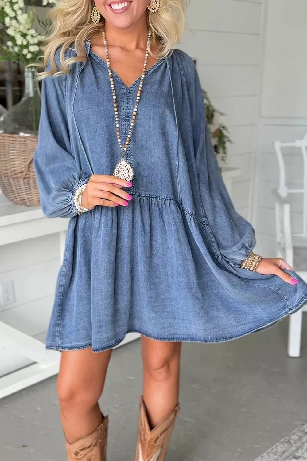 Puff Sleeve V Neck Ruffled Loose Denim Mini Dress