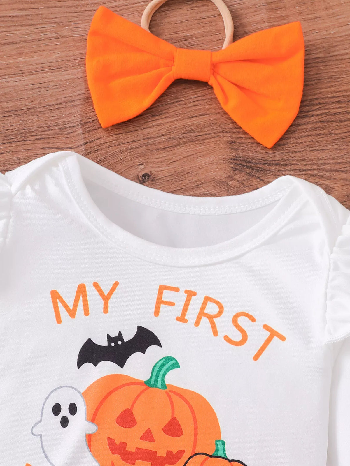 Children's Halloween Skull Print Long Sleeve Bodysuit and Pants Set with Bow Headband