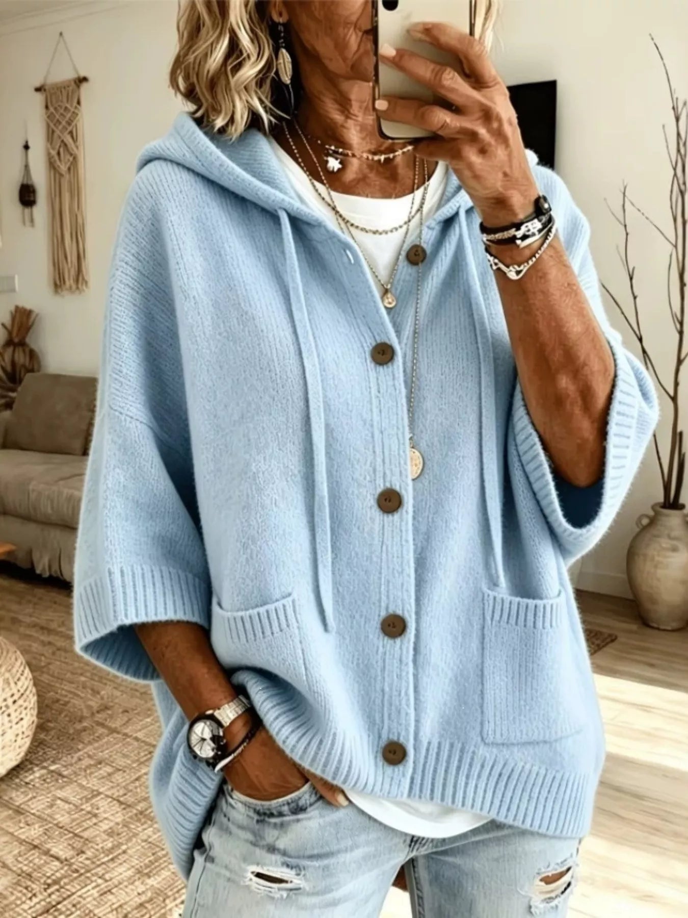 Hooded Button-Down Knit Cardigan