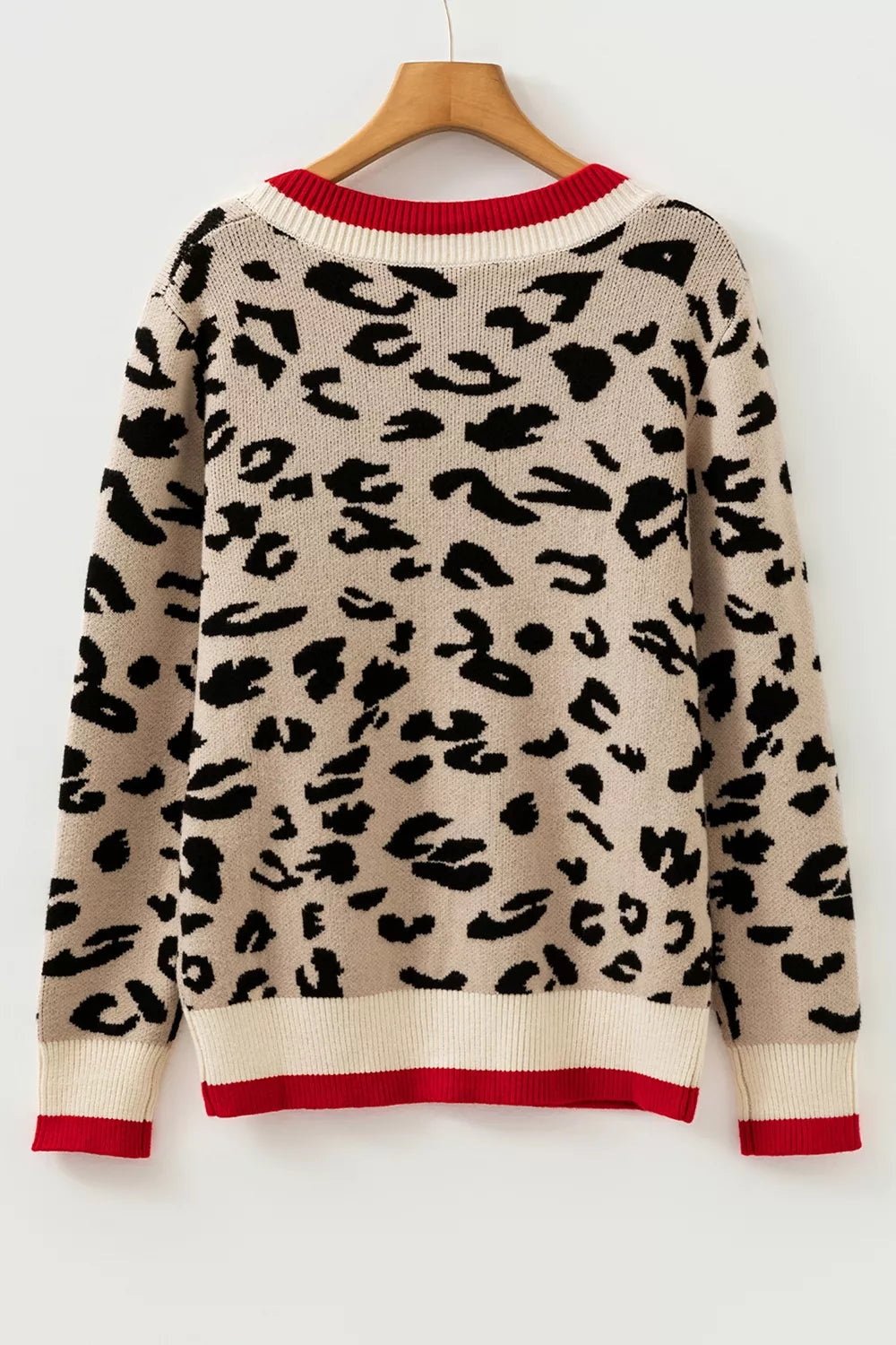 Leopard Pattern V-Neck Contrast Rib Knitted Sweater