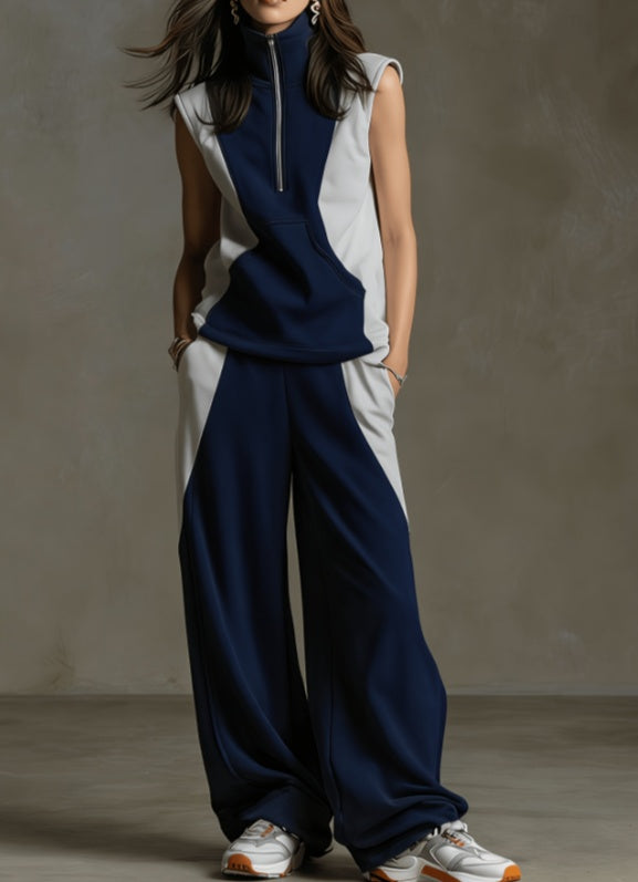 Women's Contrast Color Sleeveless Zip Collar Sportswear Set
