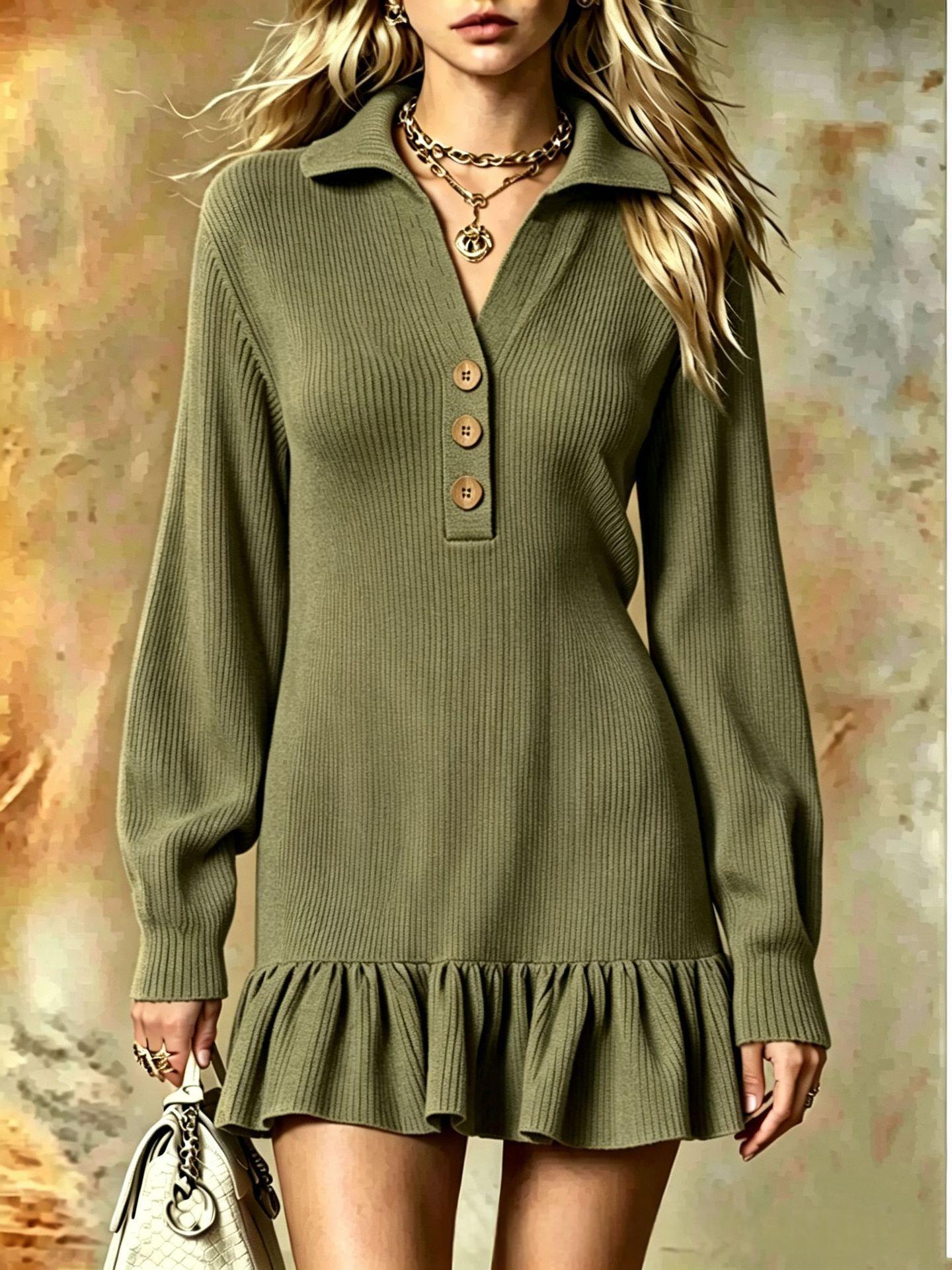 Ribbed Knit Polo Dress | Ruffle Hem Mini | Button-Neck Long Sleeve Dress