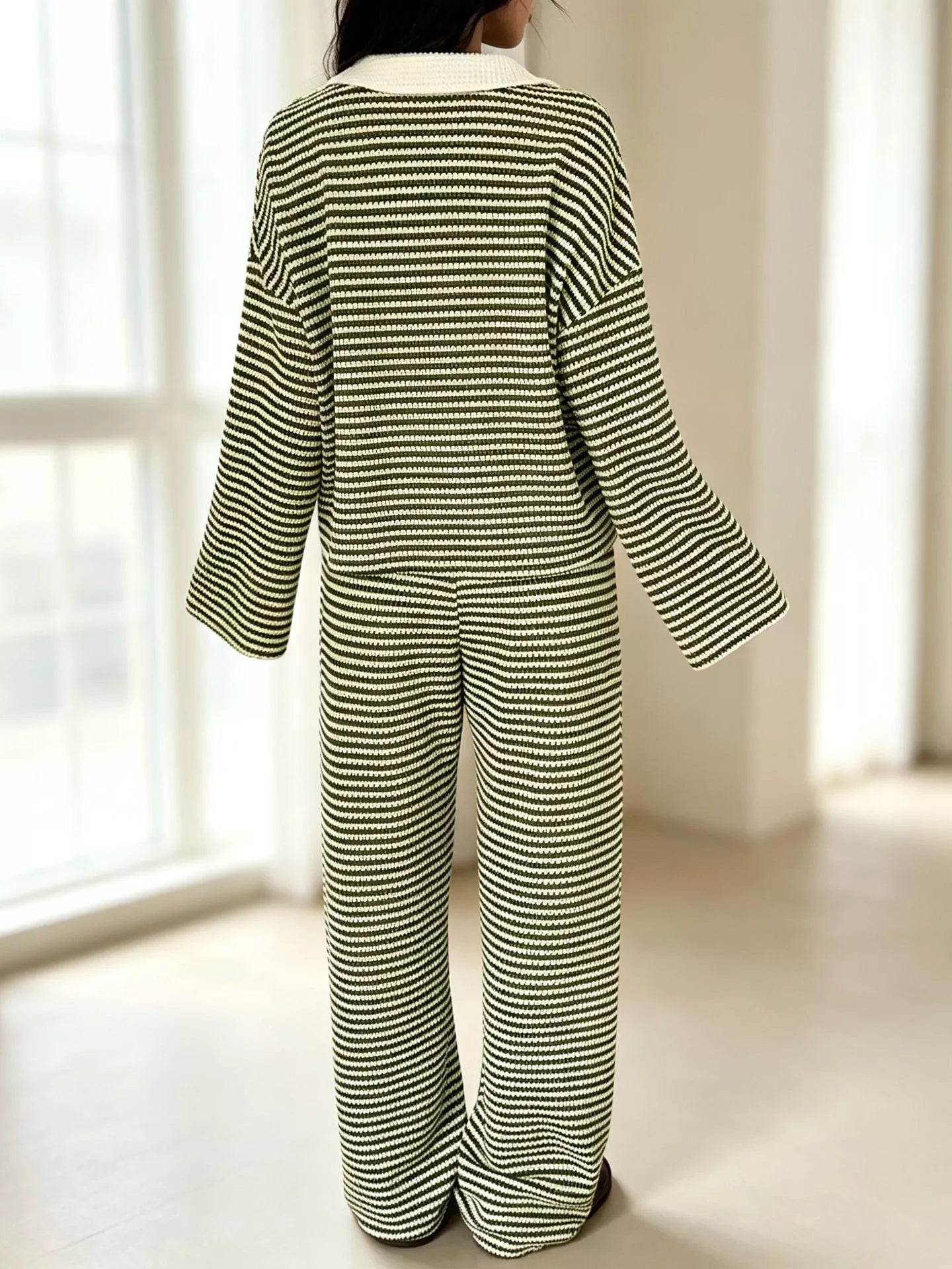 Striped Long Sleeve Polo and Wide-Leg Pants Set