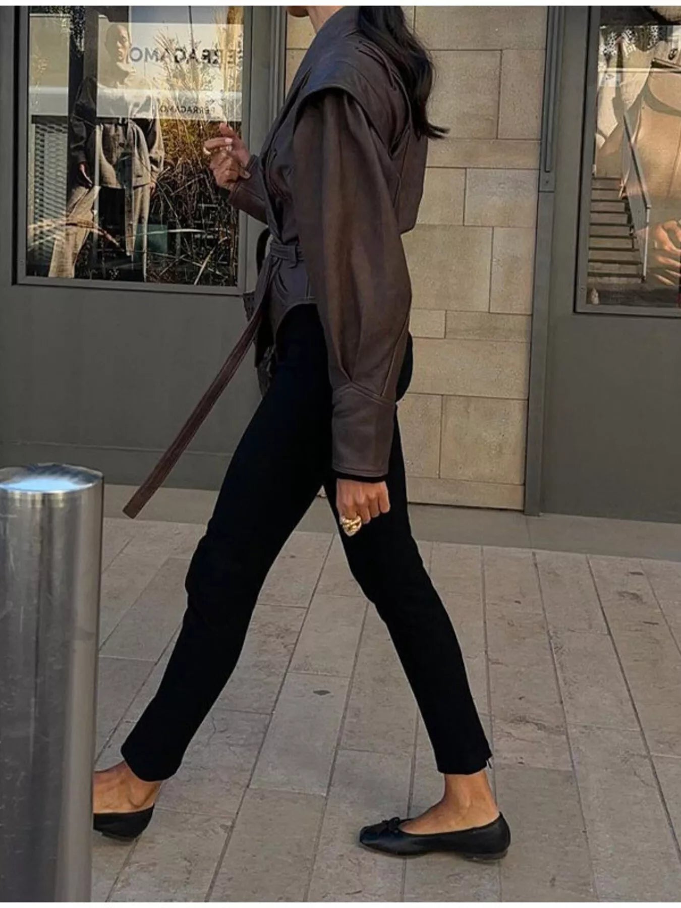 Belted Leather Jacket with Shawl Collar