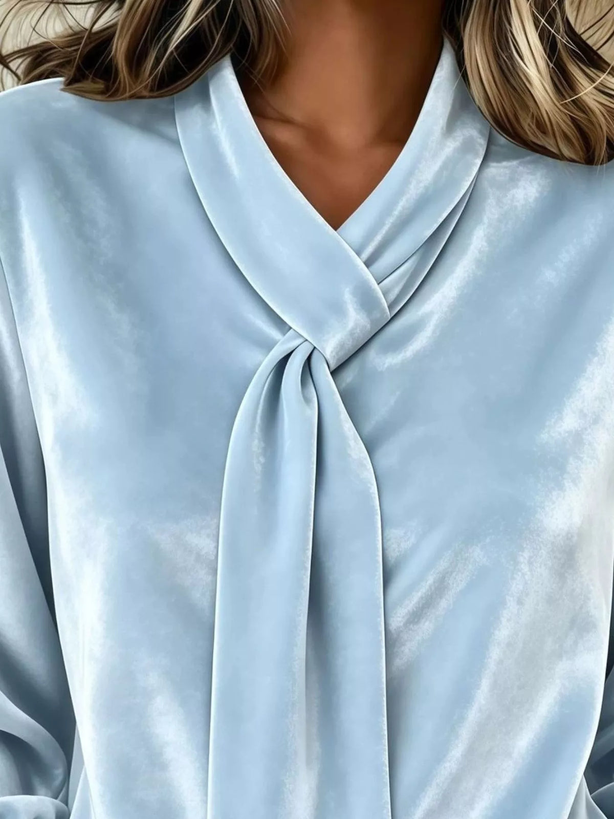Full Size Velvet Tie-Neck Long Sleeve Blouse Plus Size