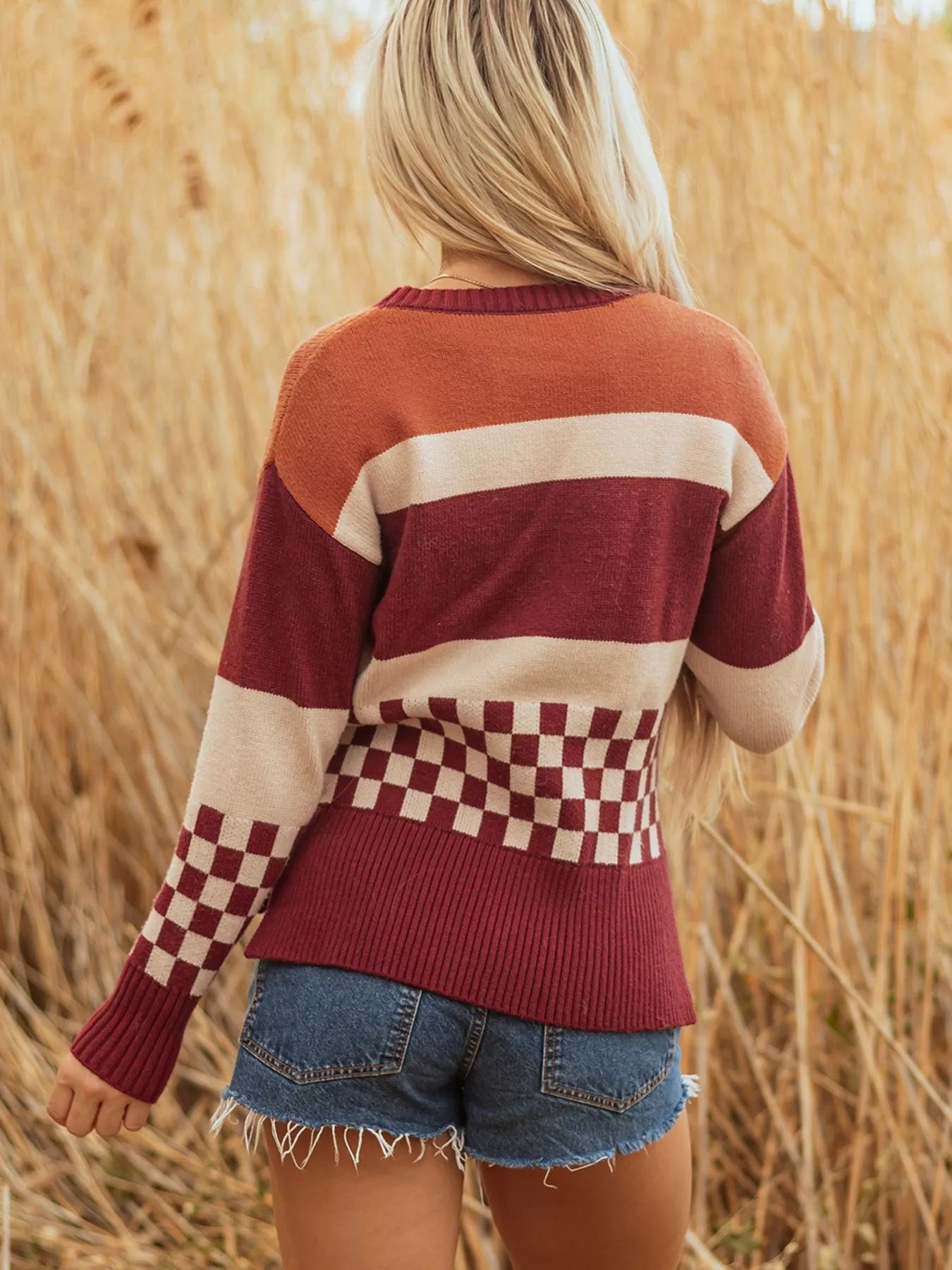 Checkered Color Block Knitted Drop Shoulder Sweater
