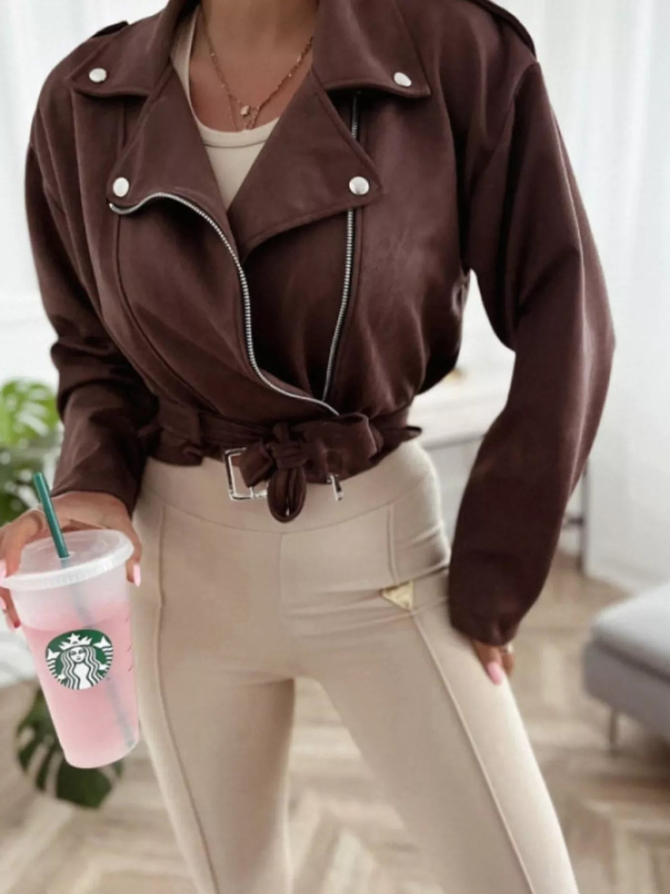 Cropped Biker Jacket with Belt Detail