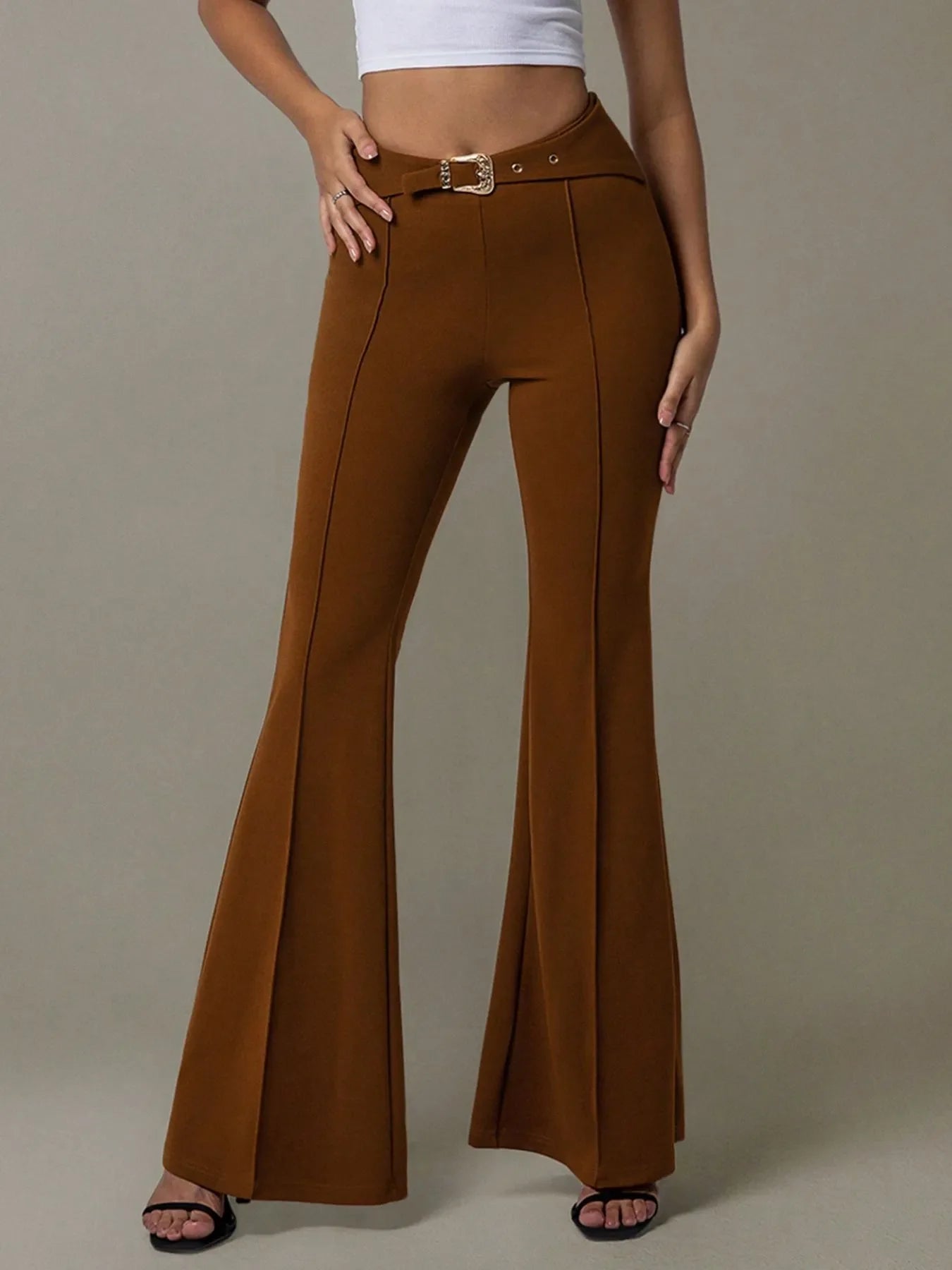 High Waist Flare Pants with Buckle Belt