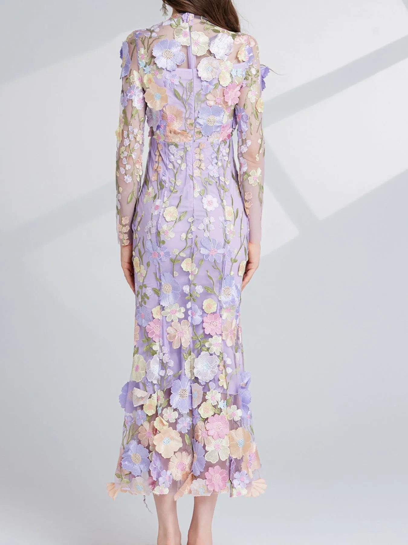 Floral Embroidered Mesh Long Sleeve Midi Dress