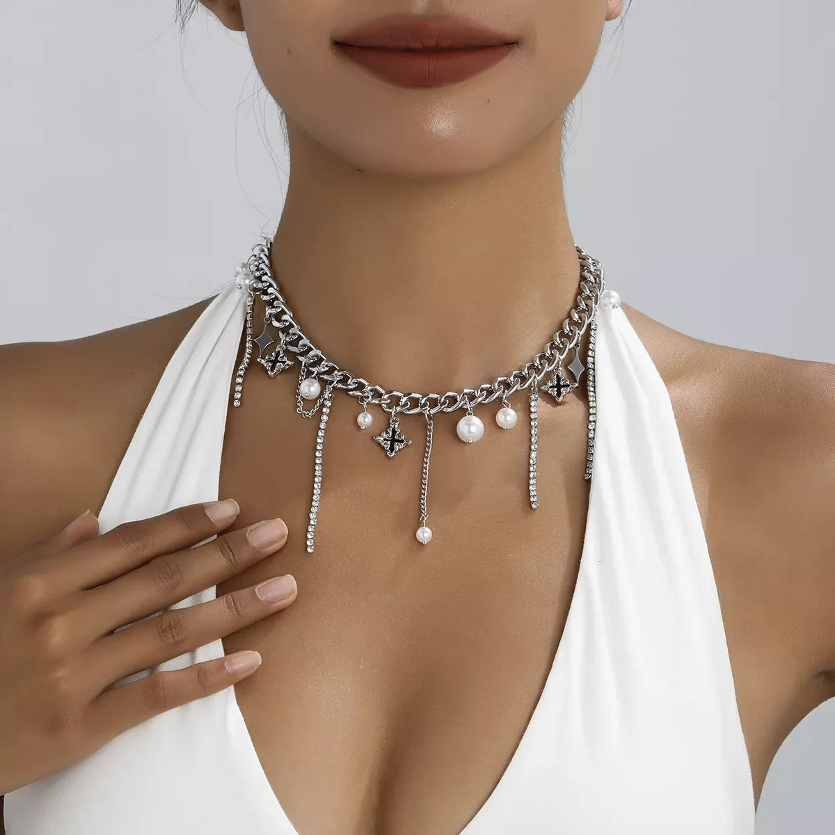 Tassel Star‑Moon Synthetic Pearl Pendant Choker