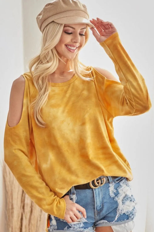 BiBi Tie-Dye French Terry Round Neck Cold Shoulder T-Shirt