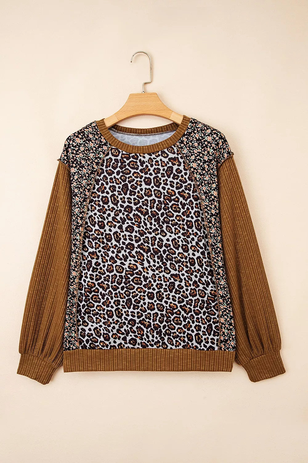 Leopard Floral Print Ribbed Puff Sleeve Patchwork Loose Sweatshirt
