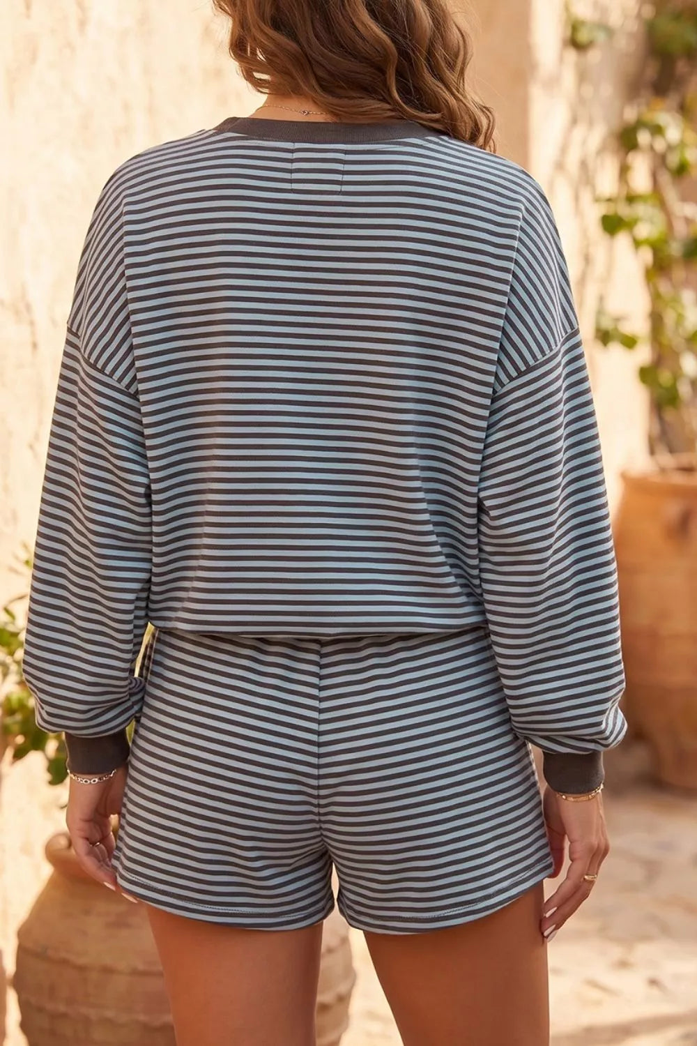 Stripe Oversized Long Sleeve Top Drawstring Loose Shorts 2pcs Set