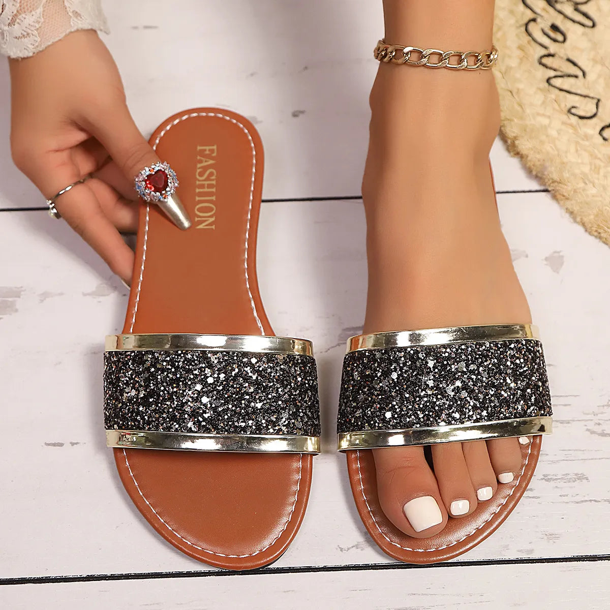 Glitter Open Toe Flat Sandals