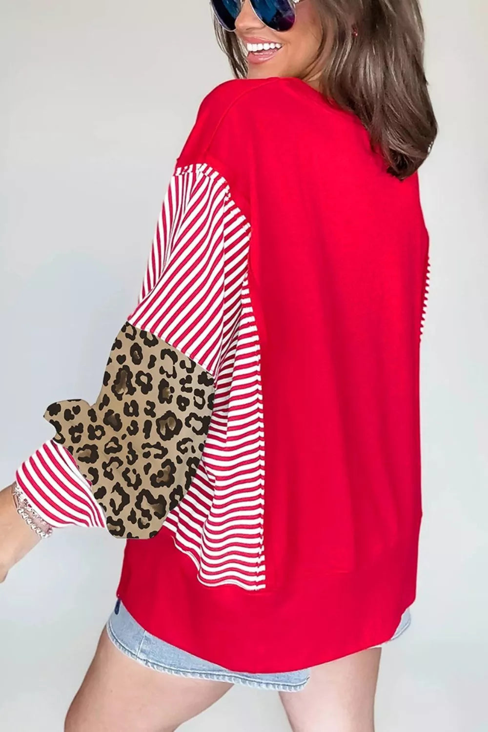 Leopard and Striped Patchwork Sleeves Sweatshirt