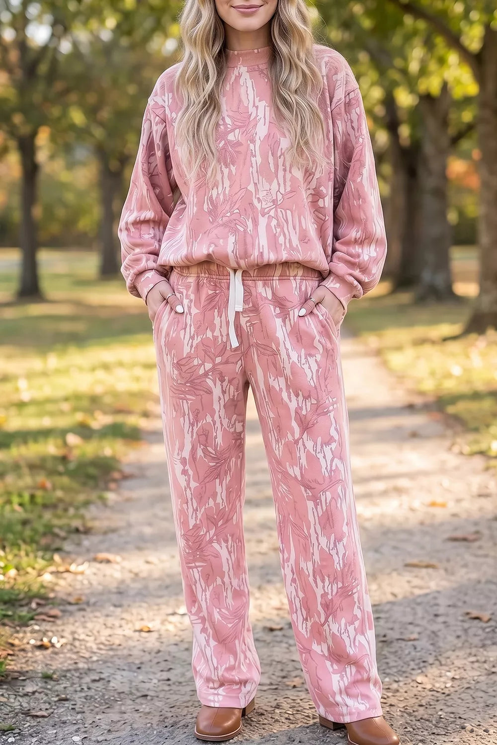 Multicolour Abstract Botanical Print Top and Drawstring Pants Set