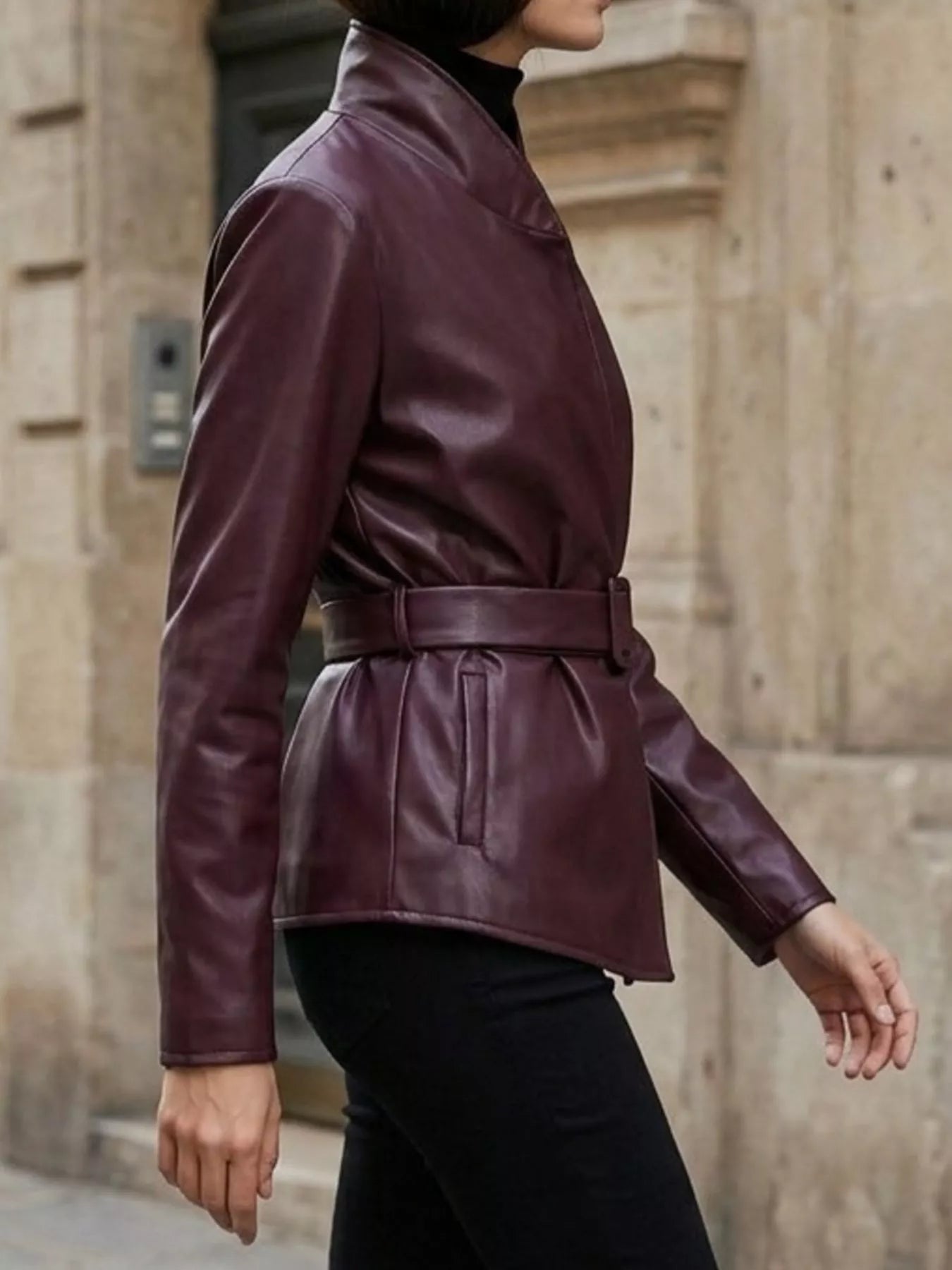 Faux Leather Belted Jacket