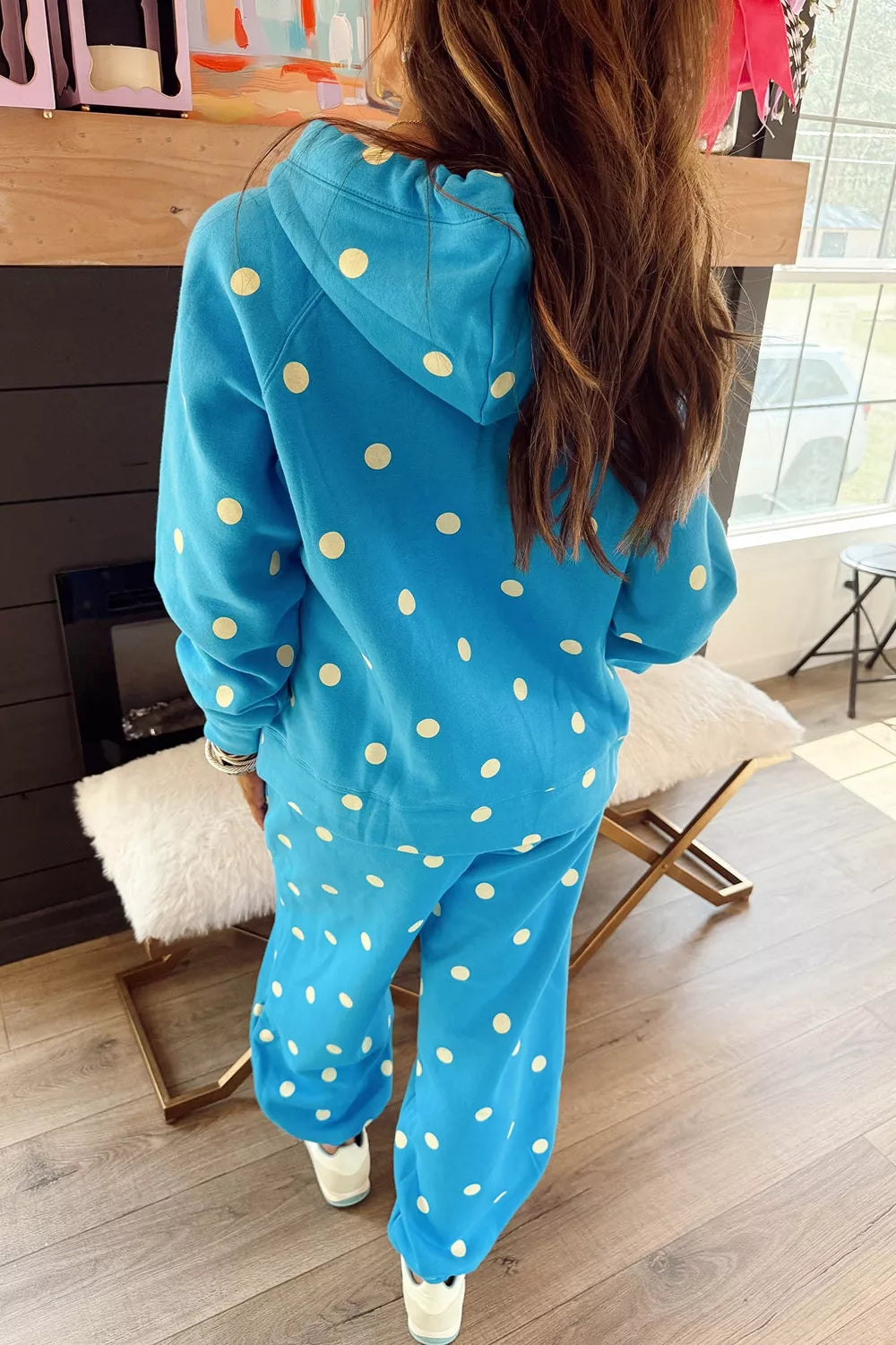 Plus Size Polka Dot Hooded Drawstring Long Sleeve Top and Pants Set