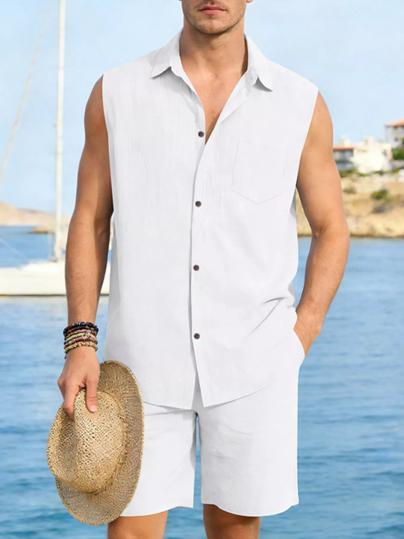 Men's Full Size Button Up Sleeveless Top and Shorts Plus Size