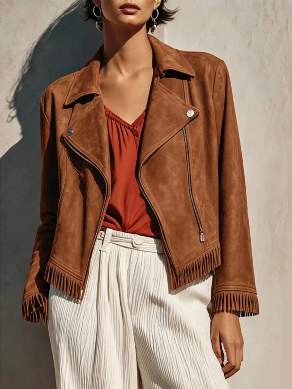 Faux Suede Fringe Moto Jacket