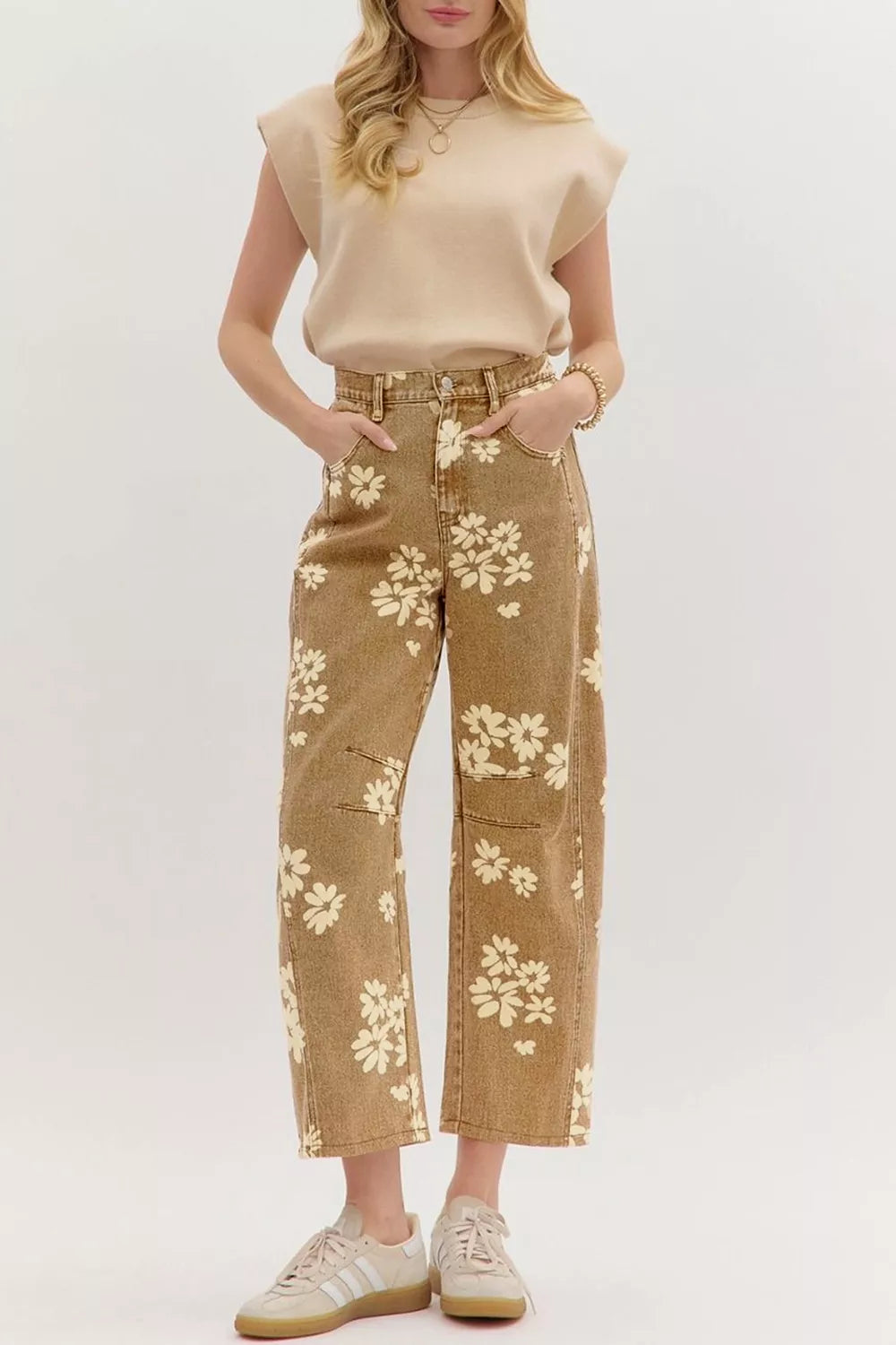 Floral Print Metal Button Pleated Straight Leg Jeans