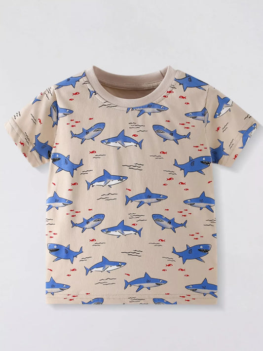Children's Shark Print Crew Neck Short Sleeve T-Shirt
