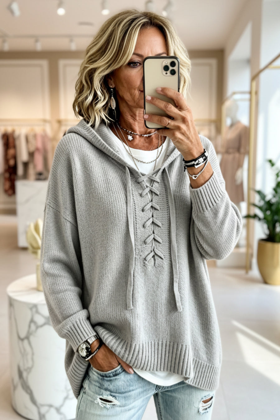 Lace-Up V-Neck Hooded Knit Sweater | Drop Shoulder Oversized Pullover