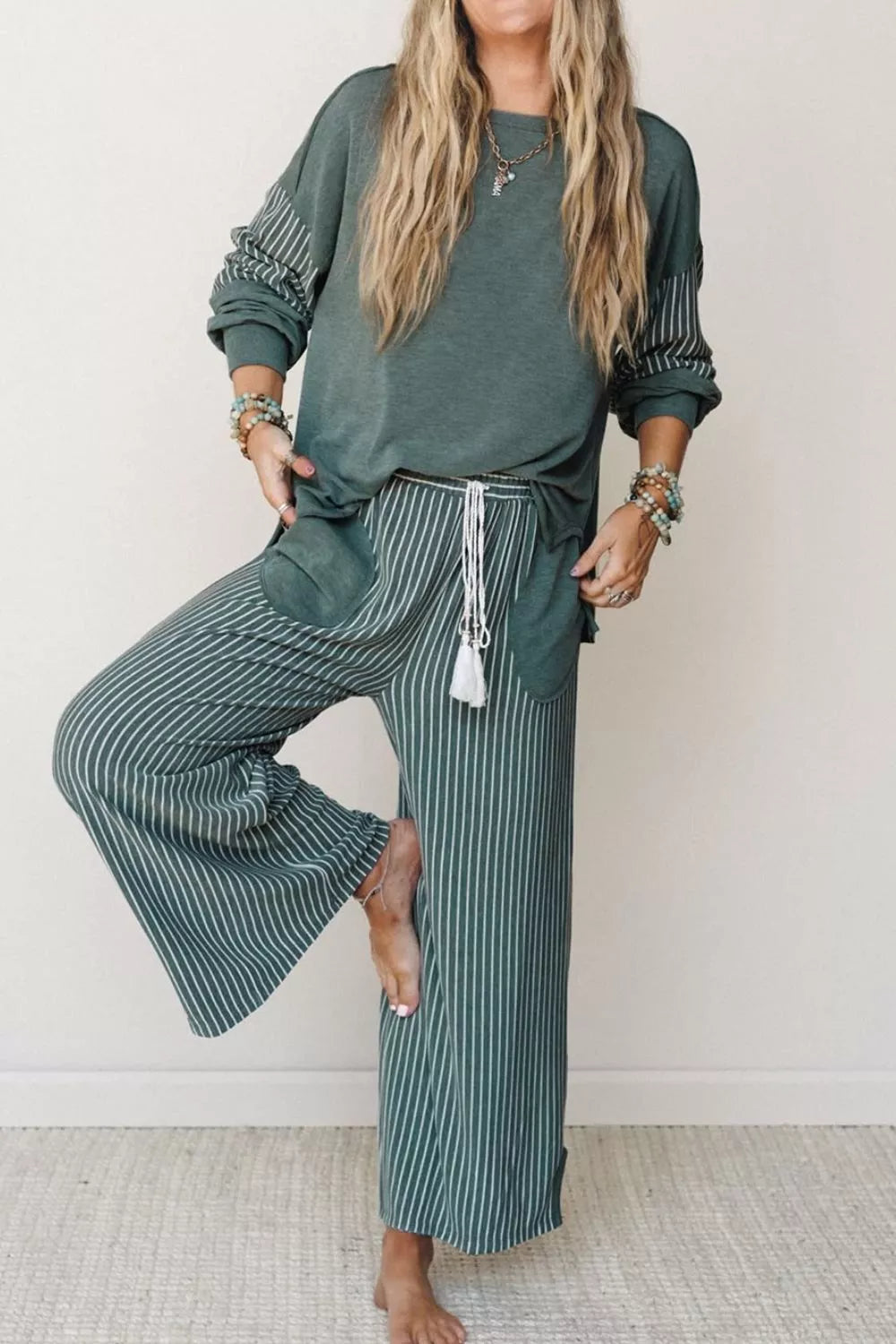 Raw Seam Patchwork Long Sleeve Top Pocket Casual Pants 2pcs Set