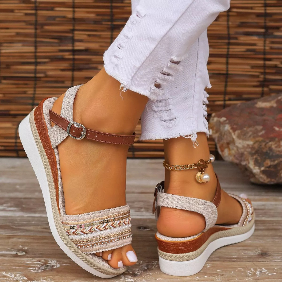 Rhinestone Open Toe Wedge Sandals