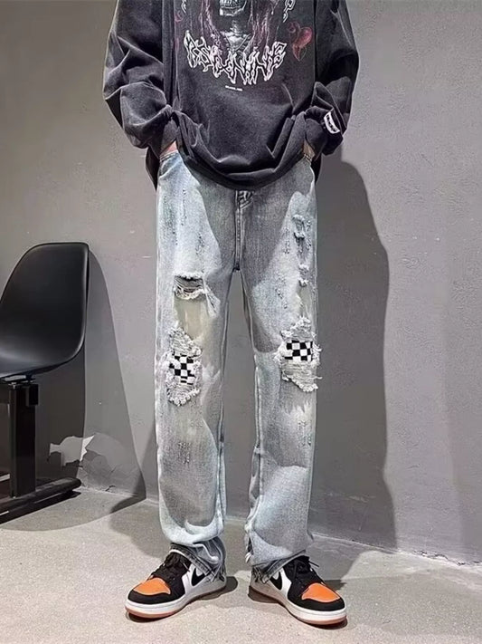 Men's Full Size Ripped Checkerboard Patchwork Jeans Plus Size