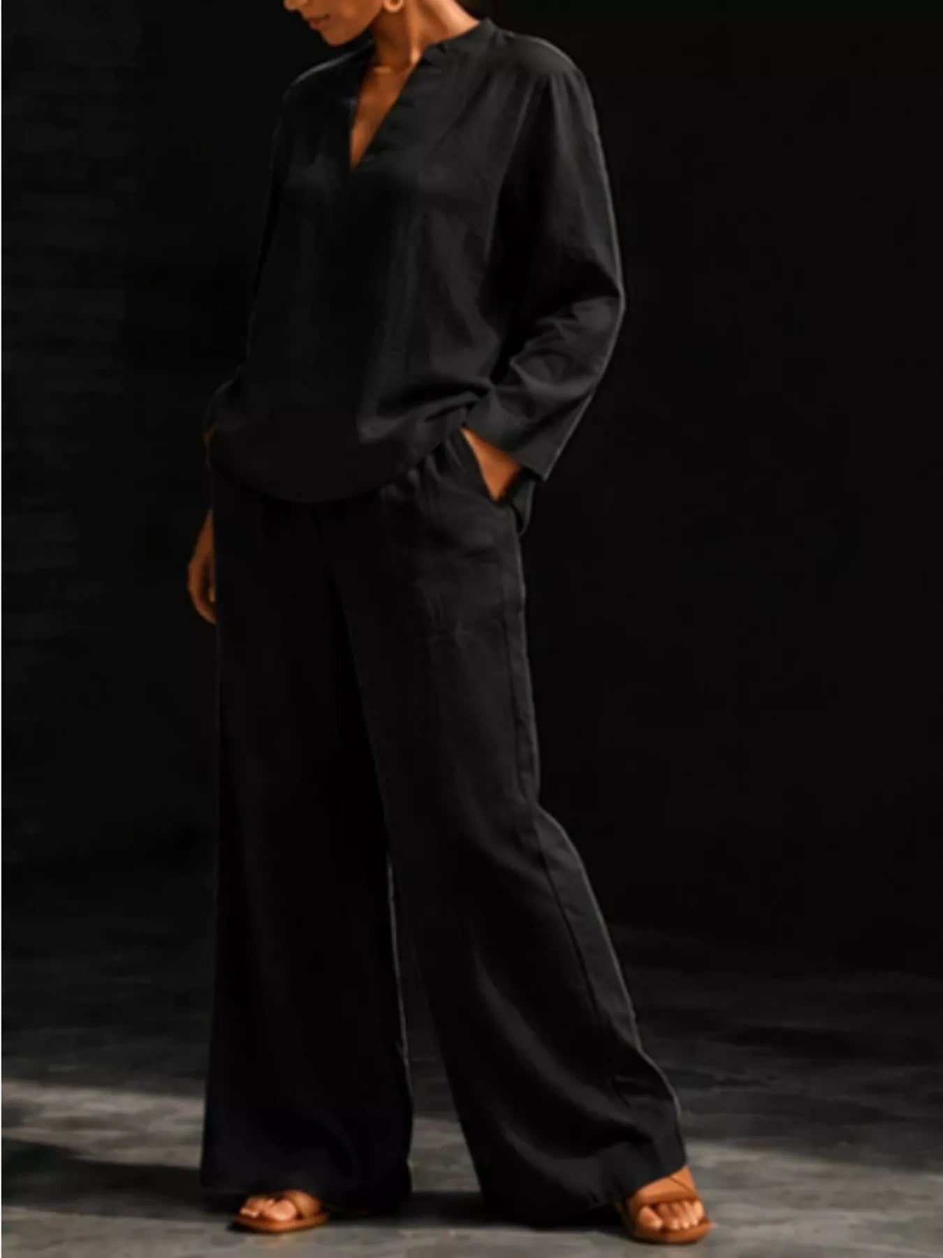 Notched Long Sleeve Top and Pants Set