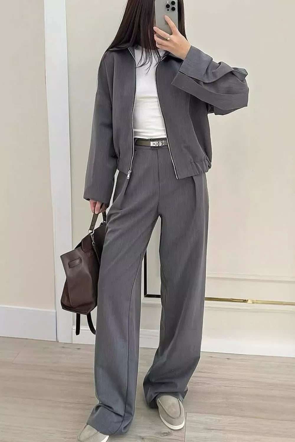 Zip-Up Jacket and Wide-Leg Pants Set