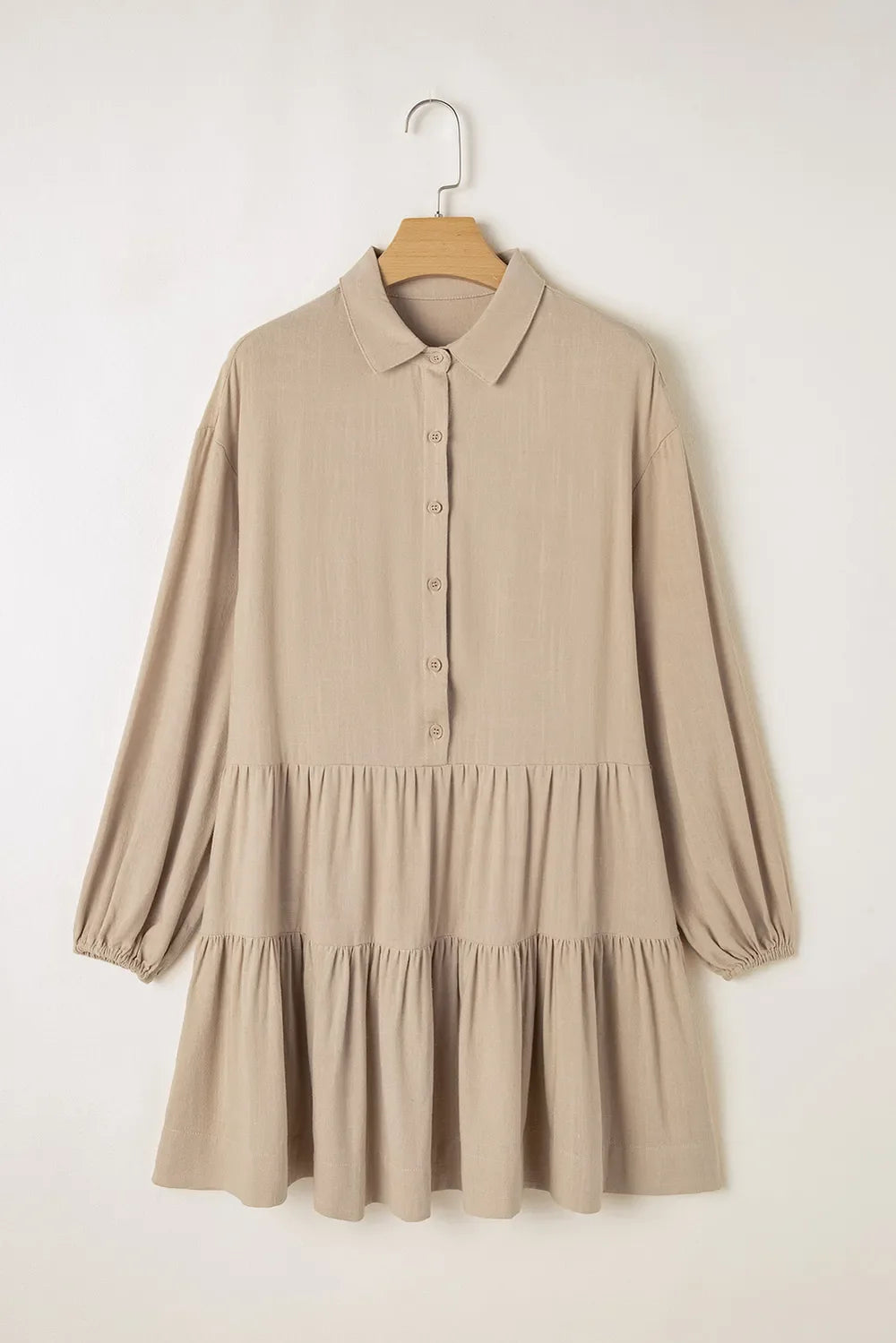 Tiered Collared Neck Balloon Sleeve Shirt Dress